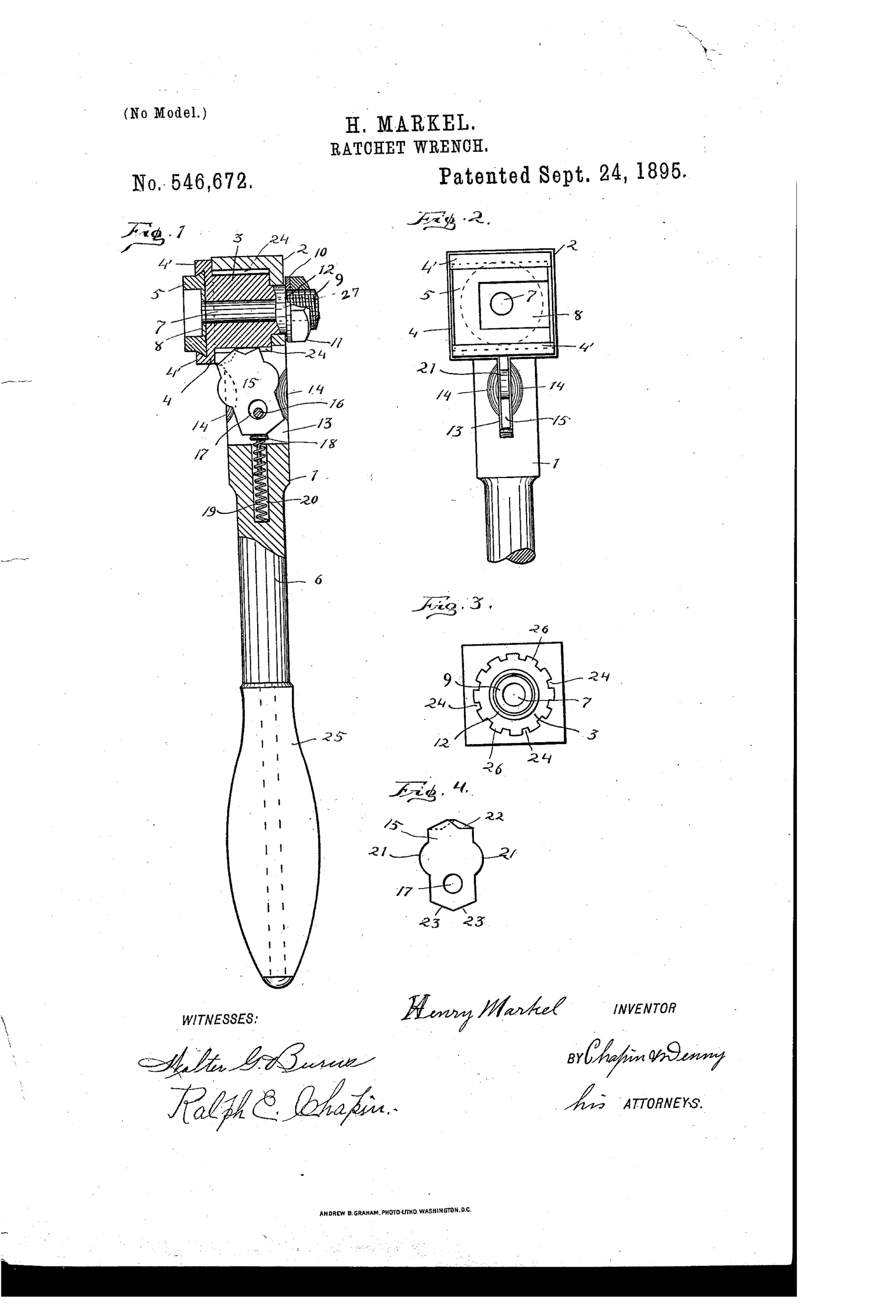 Patent drawing of a ratchet wrench showing a sectioned side view with internal ratchet, pawl, spring, and wooden handle, plus front and rear detail views of the ratchet head and pawl.