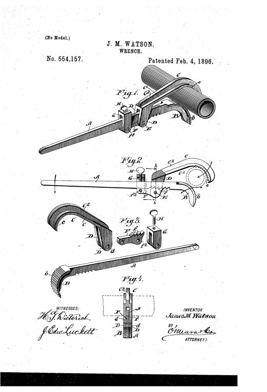 Patent drawing of an adjustable pipe wrench showing a long handle with a fixed serrated jaw and a curved swinging upper jaw locked by a toothed pawl and set-screw clip, with detail views of the pawl, ears, and cross-section of the jaw assembly.