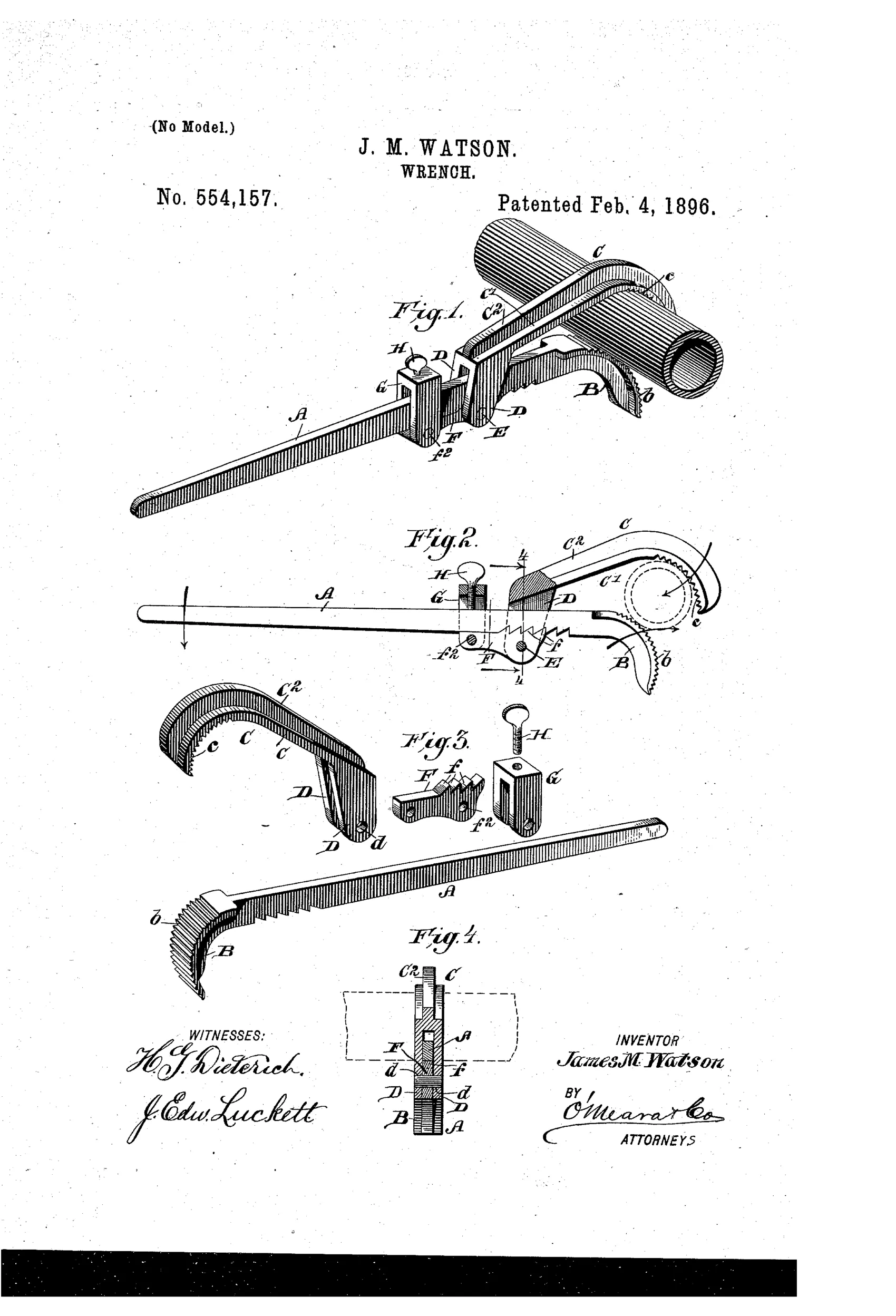 Patent drawing of an adjustable pipe wrench showing a long handle with a fixed serrated jaw and a curved swinging upper jaw locked by a toothed pawl and set-screw clip, with detail views of the pawl, ears, and cross-section of the jaw assembly.