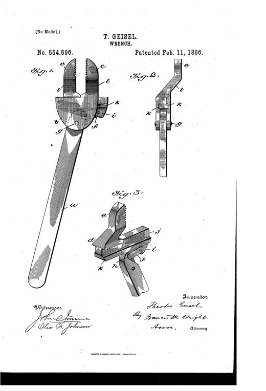 Patent drawing showing a long-handled wrench with a sliding jaw mechanism, an offset toothed jaw head, and a detailed perspective view of the internal link and pivot parts.
