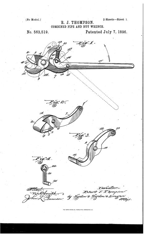 Patent drawing of a combined pipe and nut wrench showing two hinged jaws, one smooth curved and one with a corrugated removable face-plate, connected via a pivoted link and toggle mechanism to a long handle, with numbered reference lines pointing to each part.