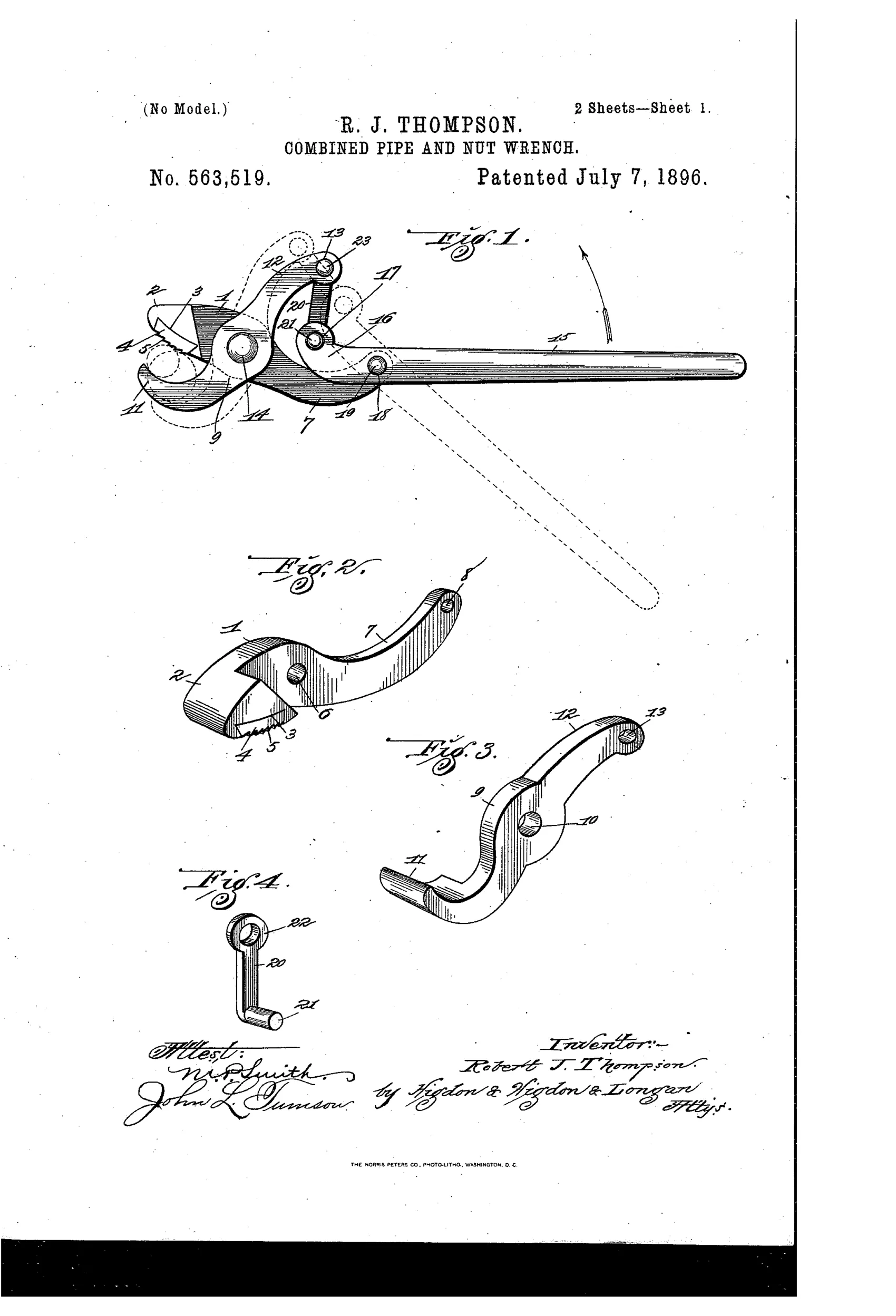 Patent drawing of a combined pipe and nut wrench showing two hinged jaws, one smooth curved and one with a corrugated removable face-plate, connected via a pivoted link and toggle mechanism to a long handle, with numbered reference lines pointing to each part.