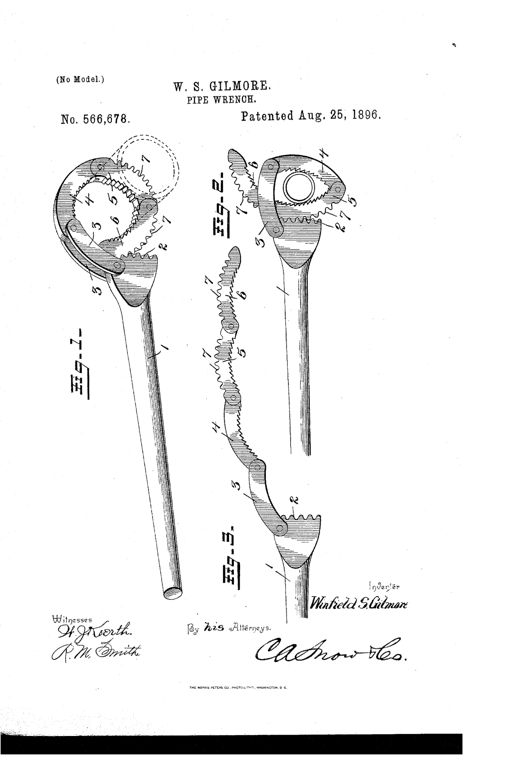 Patent drawing of a chain-link pipe wrench showing a long handle with a toothed head and a folding chain of curved ratcheting links used to clamp around a pipe of varying diameter.