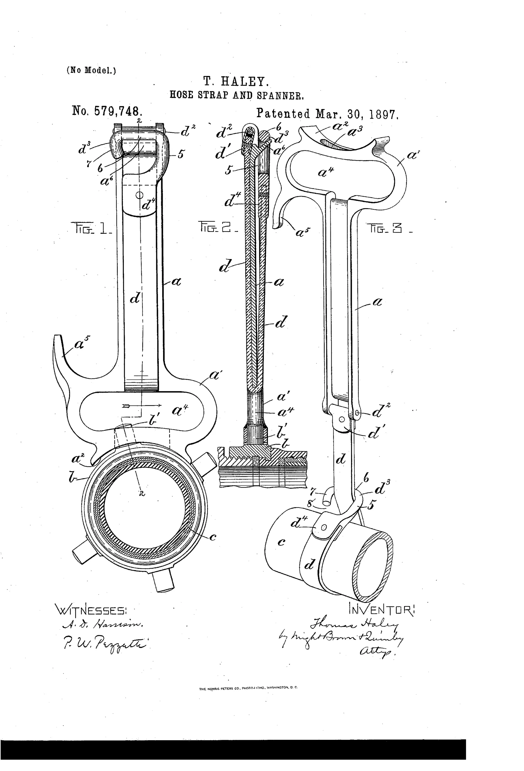 Patent drawing showing three views of a fireman's combined hose-strap and spanner tool: a side elevation with a hooked spanner head and folded strap (Fig. 1), a cross-sectional detail of the shank and strap (Fig. 2), and a perspective view of the tool used to suspend a length of hose via a looped strap (Fig. 3).