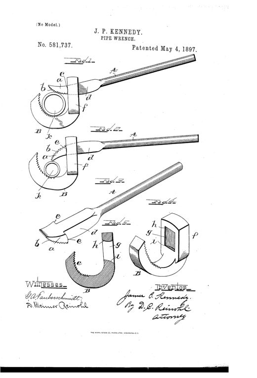 Patent drawing showing a pipe wrench with a long straight lever ending in a serrated jaw, paired with a curved sliding jaw featuring a slotted shank, shown in five views including side elevations, detached perspectives, and a cross-section.