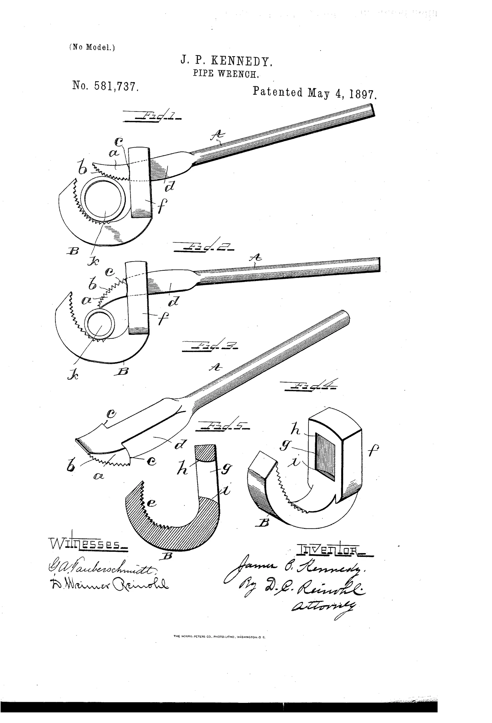 Patent drawing showing a pipe wrench with a long straight lever ending in a serrated jaw, paired with a curved sliding jaw featuring a slotted shank, shown in five views including side elevations, detached perspectives, and a cross-section.