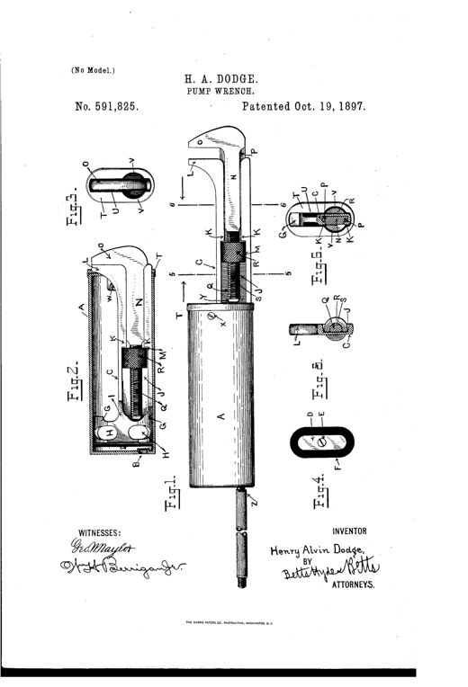 Patent drawing of a Henry Alvin Dodge pump-wrench showing a hollow elliptical pump body (A) with a sliding wrench-stem (C) bearing a fixed jaw (L) and a movable jaw (O) on a shank (N), plus cross-sectional and top views revealing the internal plunger, ribs (K), finger-piece (R), and guide braces (G).