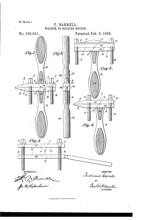 Patent drawing showing five views of a double-jawed adjustable wrench with knurled screw shanks, polygonal screw heads, and oval handles, used for gripping tools or clamping work on a drill-press table.
