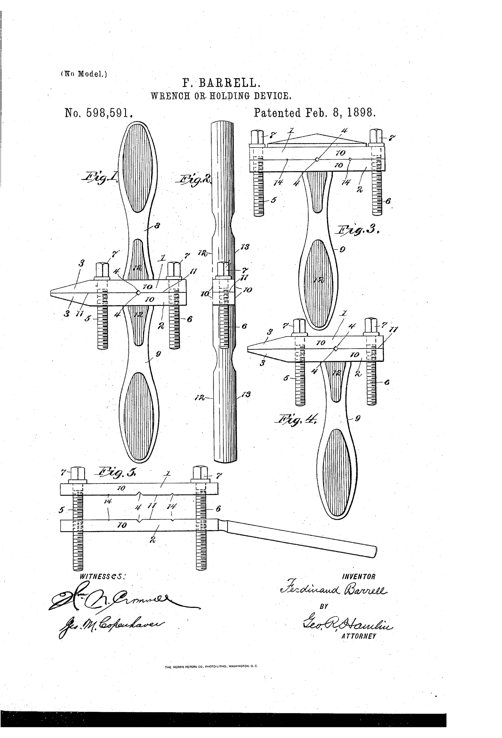 Patent drawing showing five views of a double-jawed adjustable wrench with knurled screw shanks, polygonal screw heads, and oval handles, used for gripping tools or clamping work on a drill-press table.