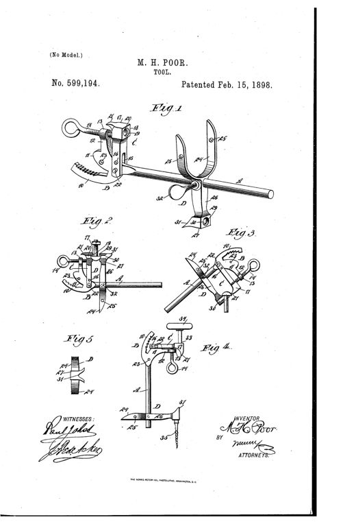 Line drawing of a multi-part patent tool showing a round body-bar with a pipe-wrench jaw at one end, two adjustable pivoting arms with vise-jaws, points, and split jaws, and a separate handle with a boring bit, across five labeled figures.