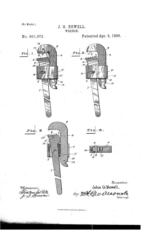 Patent drawing of a hand wrench with a rectangular handle, a slotted yoke, ratchet-toothed fixed and movable jaws, and a small pivoting auxiliary smooth jaw, shown in four labeled figures with numbered reference lines.