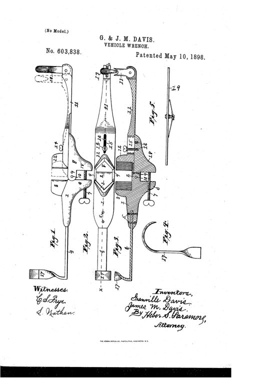 Patent drawing of a vehicle wrench with two hinged jaw arms, an adjustable sliding jaw held by a thumb-screw, and a curved spring hook designed to catch a wheel spoke, shown in side, top, and sectional views alongside an illustration of the wrench clamped onto a wagon wheel.