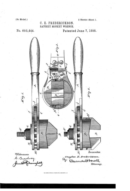 Patent drawing of a ratchet monkey wrench showing the long handle, a rotatable jawed head with sliding jaws, an internal ratchet ring, and detail views of the linkage bolt and dog mechanism.