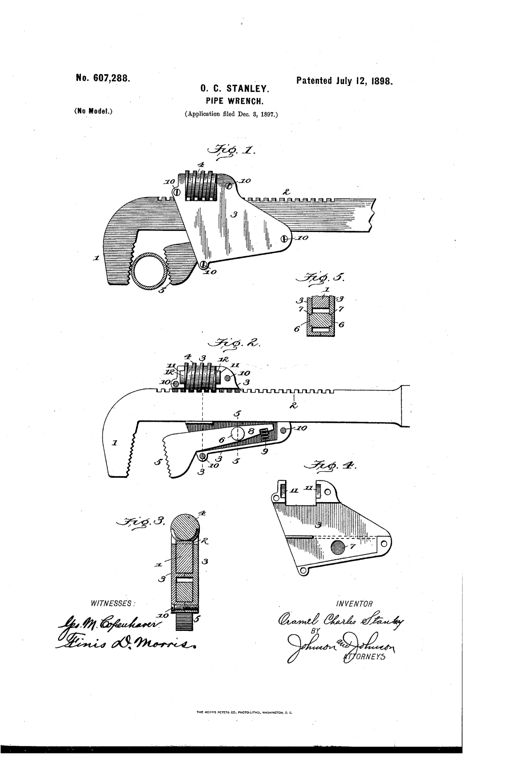 Patent drawing of a pipe wrench with a long toothed handle bar, a sliding two-part box, and a swinging trunnion-mounted grip jaw gripping a pipe, with additional cross-section and detail views of the box and jaw parts.