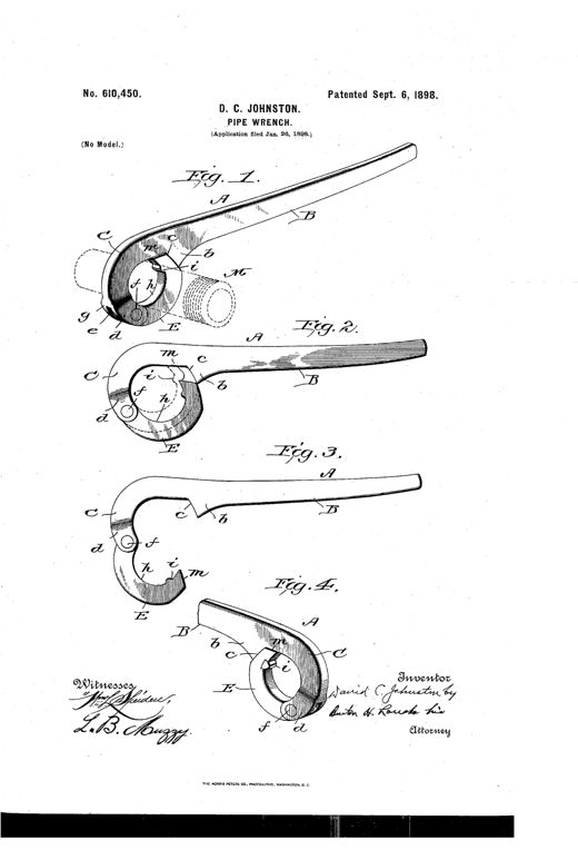Patent drawing of a pipe wrench with a long curved handle, a fixed hook-shaped jaw at the lower end, and a pivoting outer jaw with teeth that closes around a pipe, shown in four figures illustrating open and closed positions.