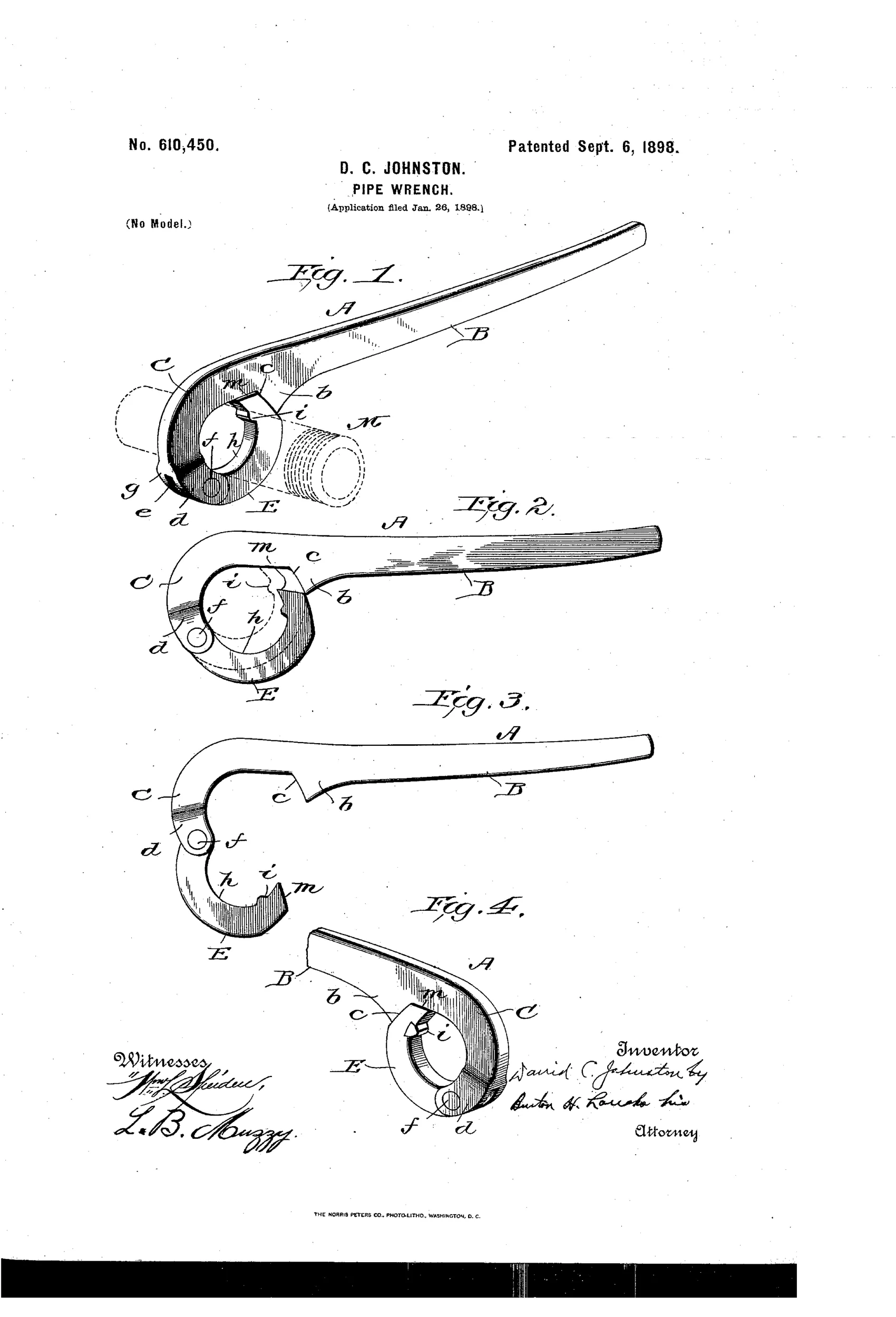 Patent drawing of a pipe wrench with a long curved handle, a fixed hook-shaped jaw at the lower end, and a pivoting outer jaw with teeth that closes around a pipe, shown in four figures illustrating open and closed positions.