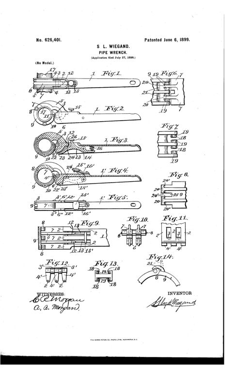 Patent drawing showing a pipe wrench with a hollow trough handle and a hinged ring of curved segments that close around a pipe, with detail insets of hooks, pivots, ridged joints, and a spring-loaded locking lever.