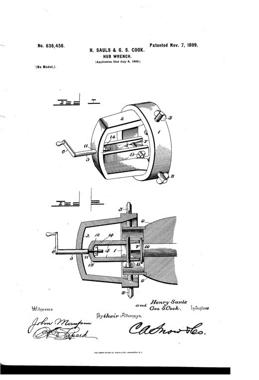 Patent drawing of a cylindrical hub-wrench band with a yoke brace, crank handle, and spring-metal clamping jaws, shown in perspective and in cross-section fitted over a wheel hub.